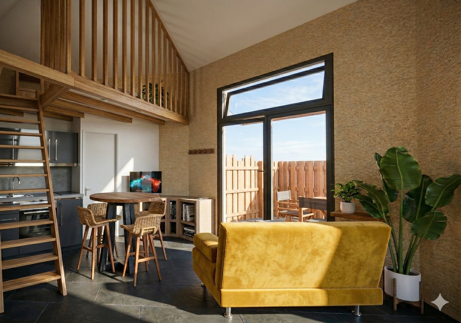 Intérieur studio — living mezzanine terrasse